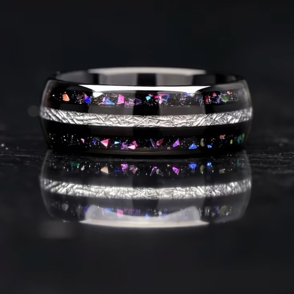 Black Gunmetal Plated Stainless Steel Ring Galaxy Sky Stars Inlay Silver Accent - Picture 3 of 16